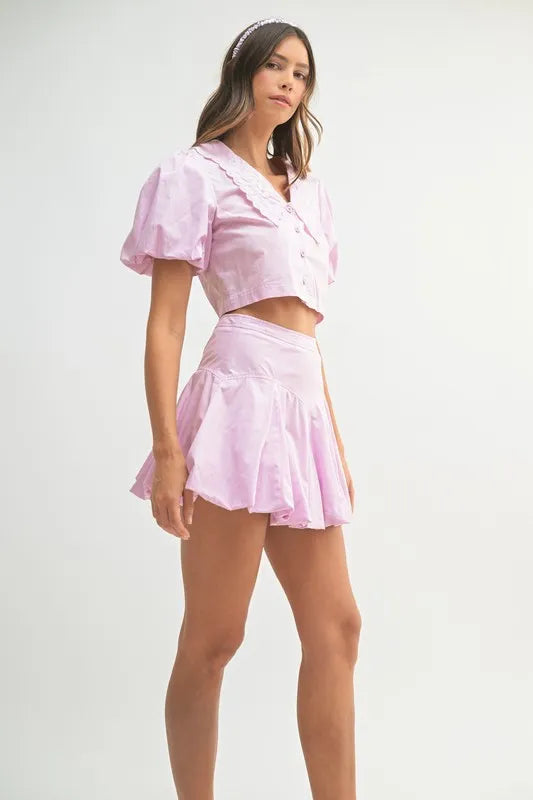 MABLE Puff Sleeve Button Down Top and Bubble Skirt Set - Brittney MADE