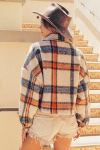BiBi Brushed Plaid Crop Jacket with Pockets - Brittney MADE