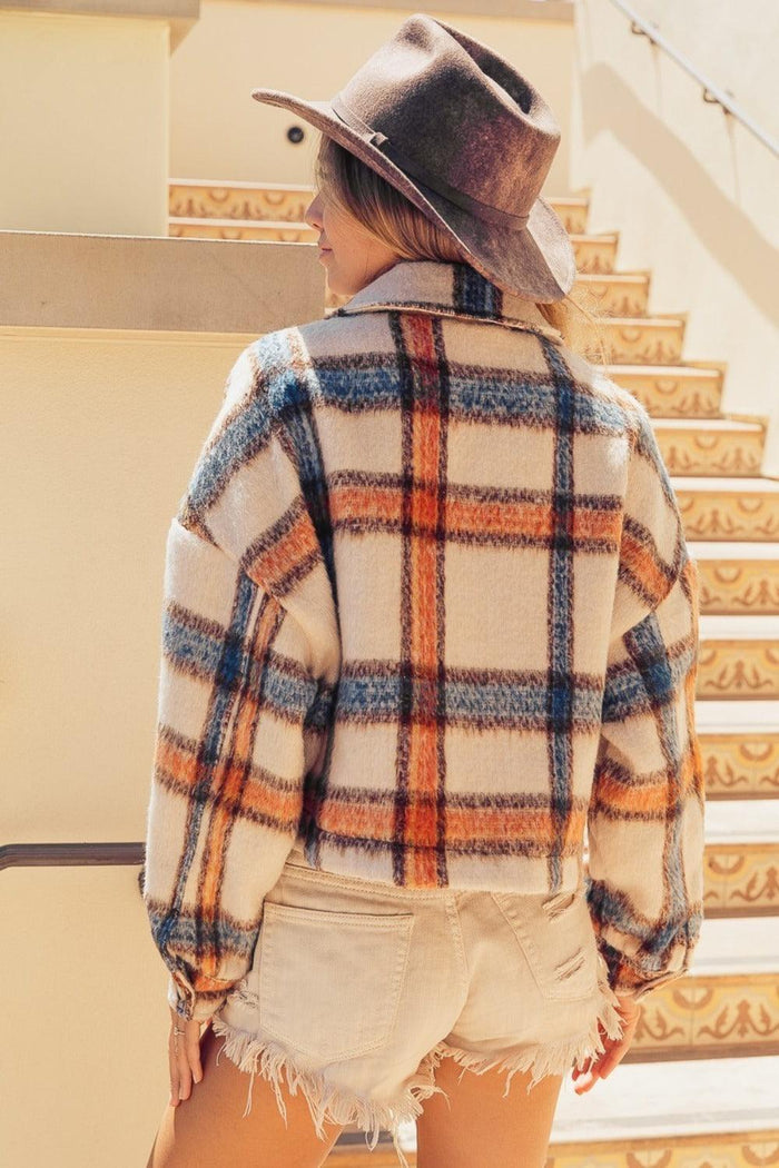 BiBi Brushed Plaid Crop Jacket with Pockets - Brittney MADE