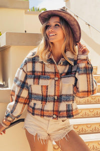 BiBi Brushed Plaid Crop Jacket with Pockets - Brittney MADE