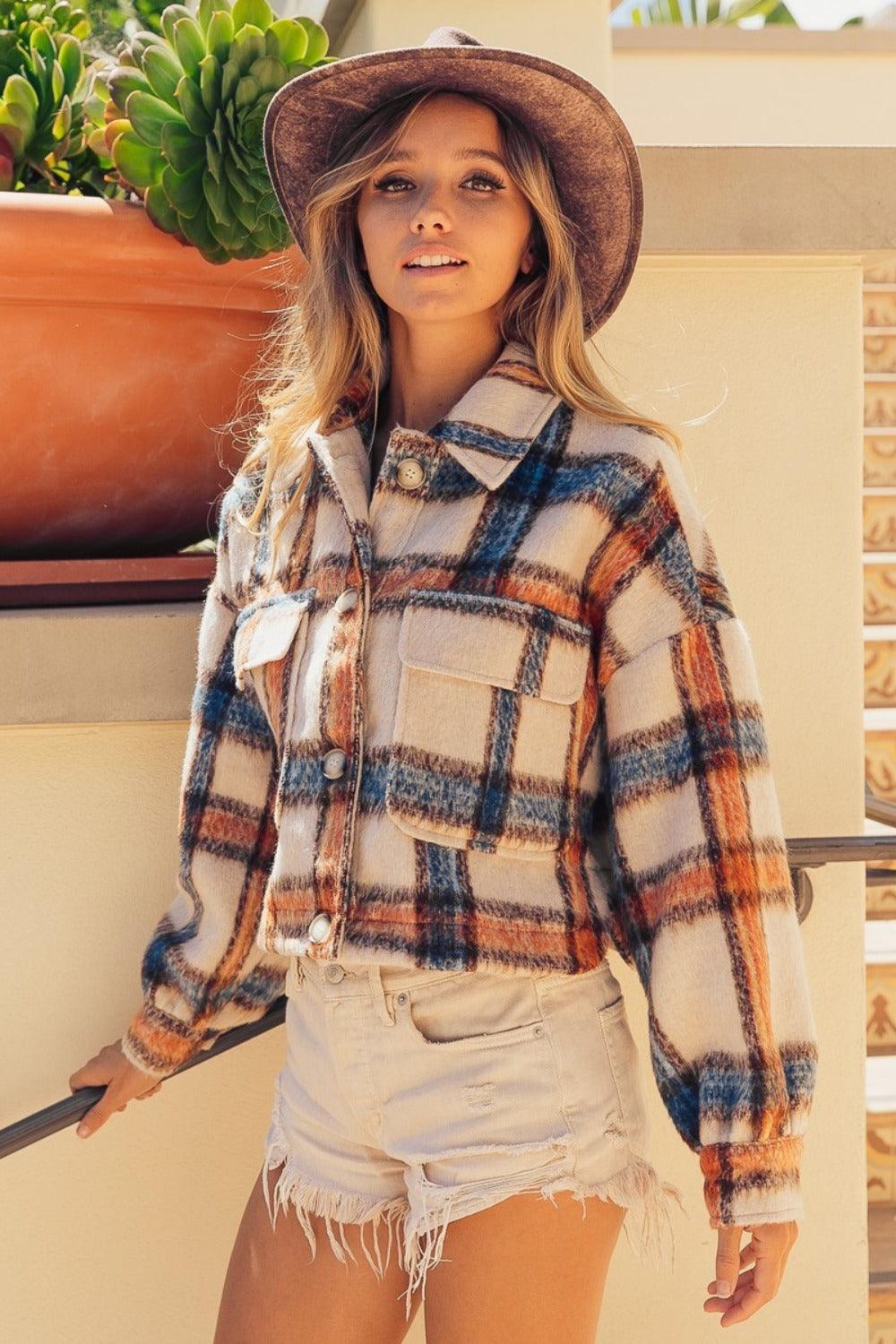 BiBi Brushed Plaid Crop Jacket with Pockets - Brittney MADE