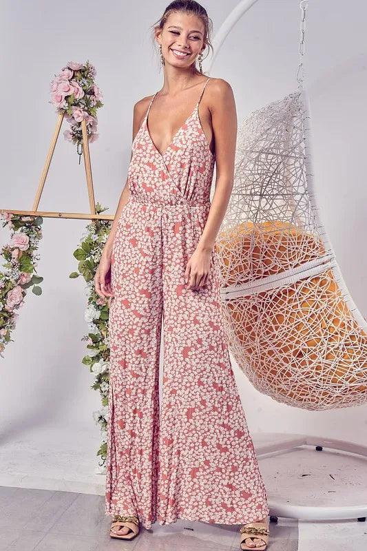 BiBi Floral Print Cirnkled Gauze Spaghetti Strap Jumpsuit - Brittney MADE