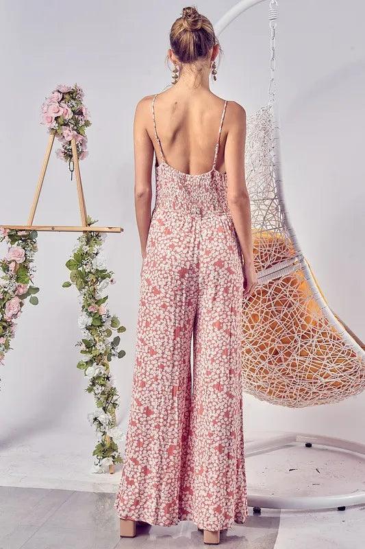 BiBi Floral Print Cirnkled Gauze Spaghetti Strap Jumpsuit - Brittney MADE