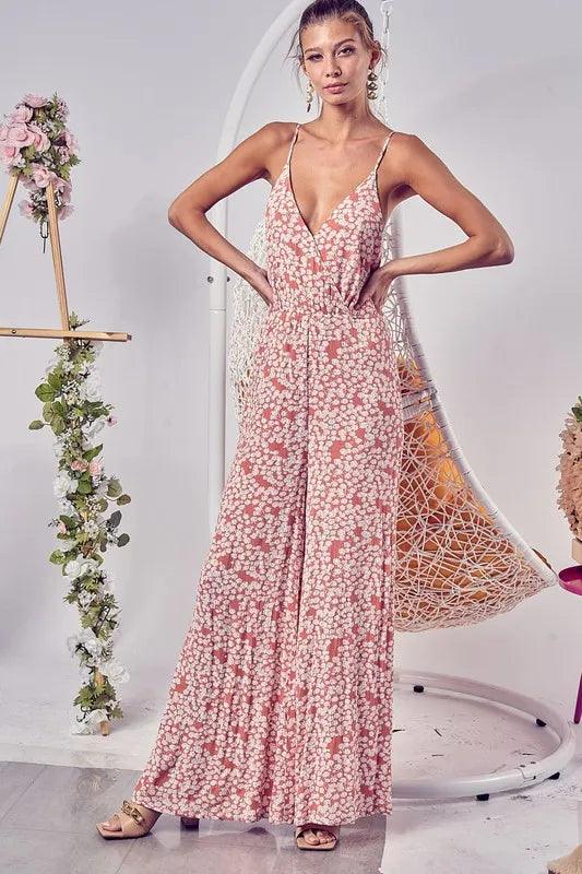 BiBi Floral Print Cirnkled Gauze Spaghetti Strap Jumpsuit - Brittney MADE