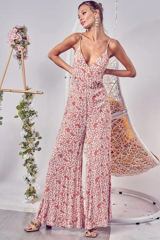 BiBi Floral Print Cirnkled Gauze Spaghetti Strap Jumpsuit - Brittney MADE