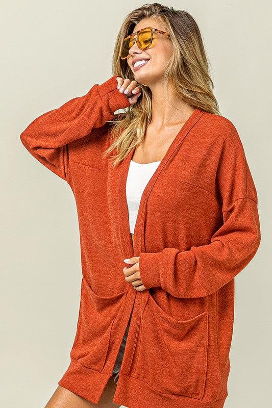 BiBi Open Front Drop Shoulder Cardigan with Pockets - Brittney MADE