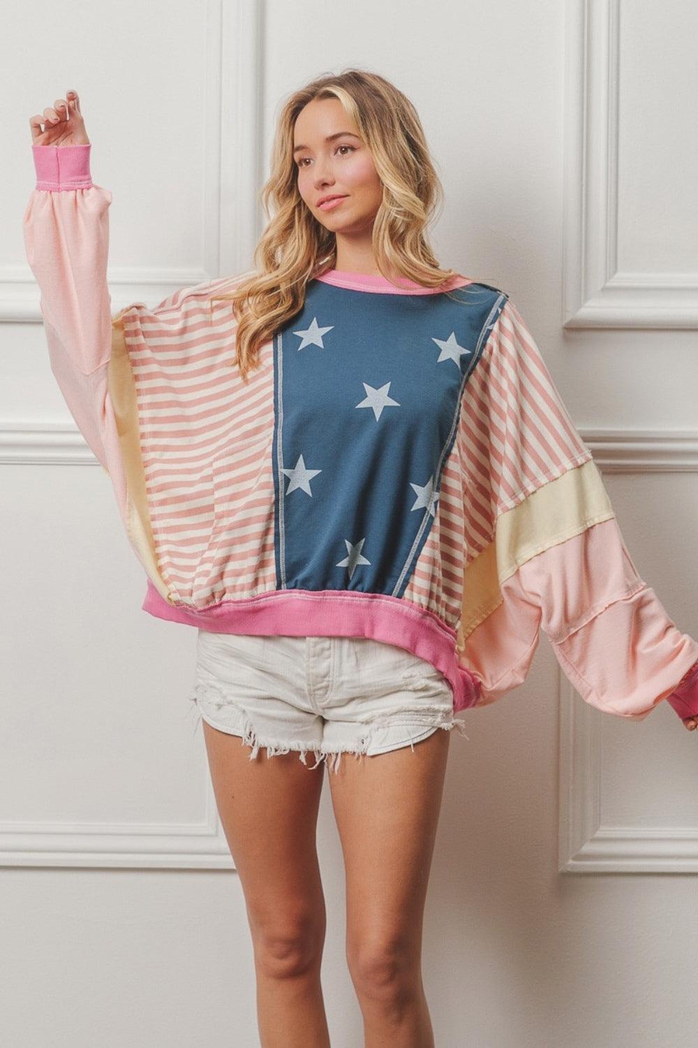 BiBi Stars and Stripes Round Neck Long Sleeve Top - Brittney MADE