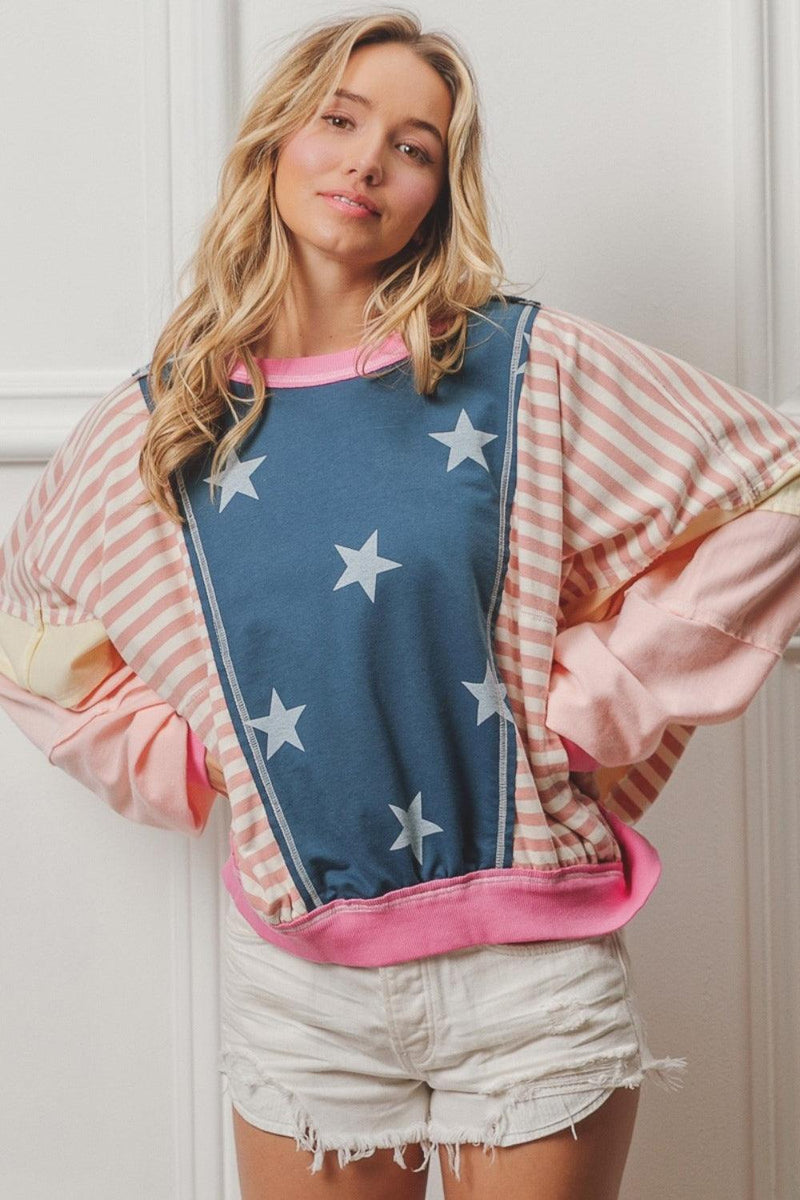 BiBi Stars and Stripes Round Neck Long Sleeve Top - Brittney MADE