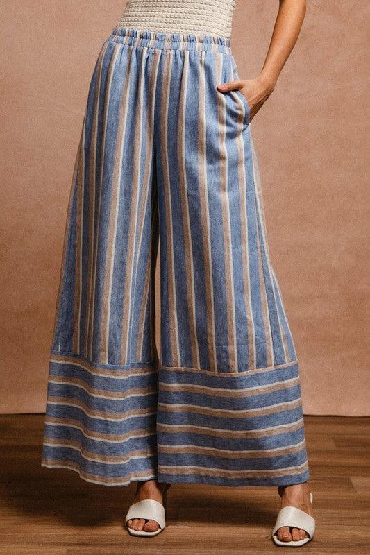 BiBi Striped Wide Leg Pants with Pockets - Brittney MADE