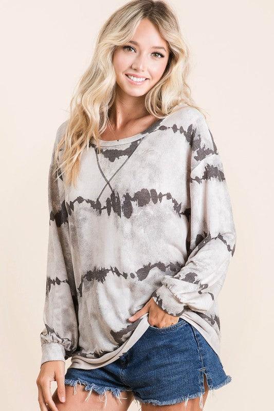 BiBi Tie-Dye French Terry Round Neck Long Sleeve T-Shirt - Brittney MADE