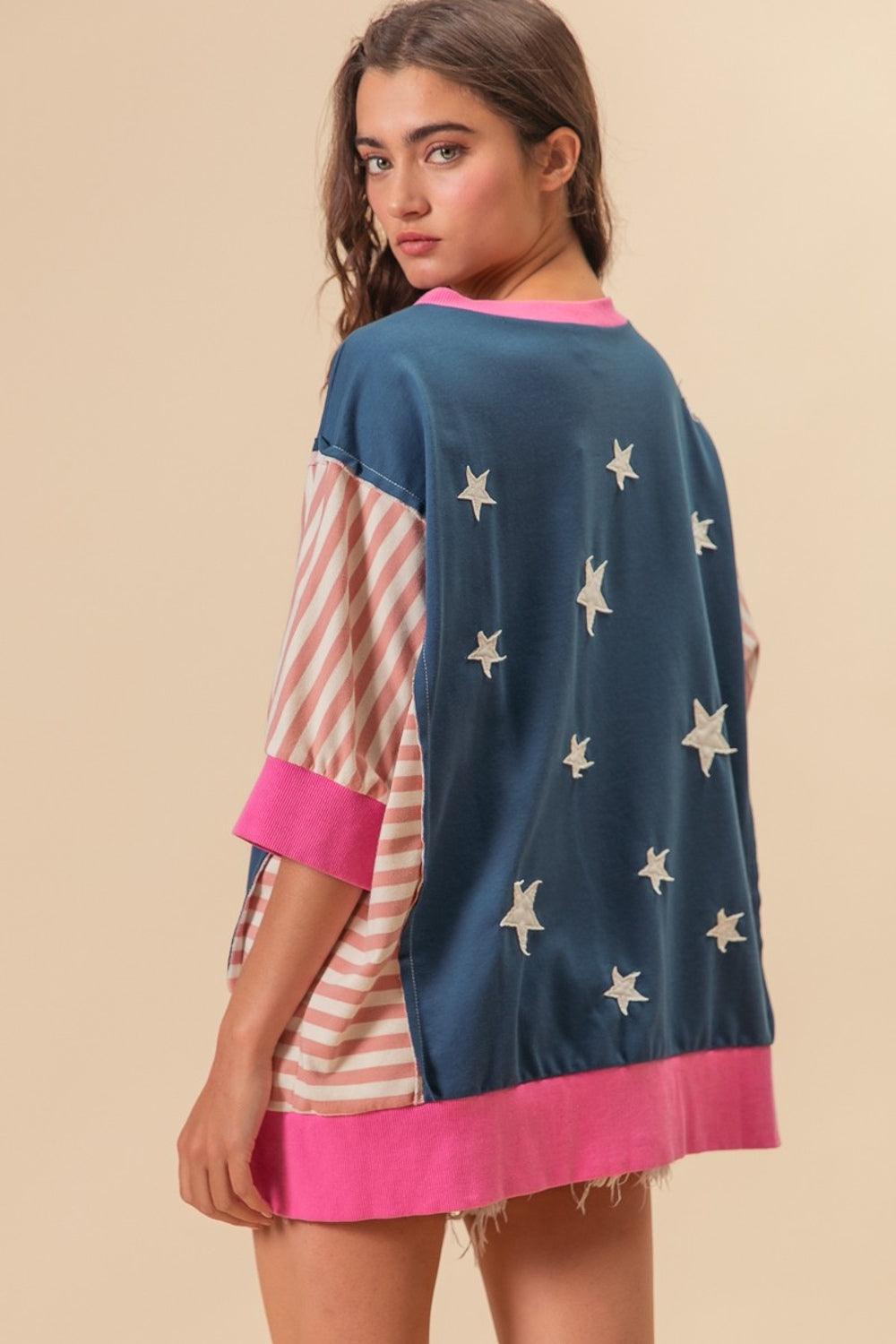 BiBi US Flag Theme Color Block Star Patch T-Shirt - Brittney MADE