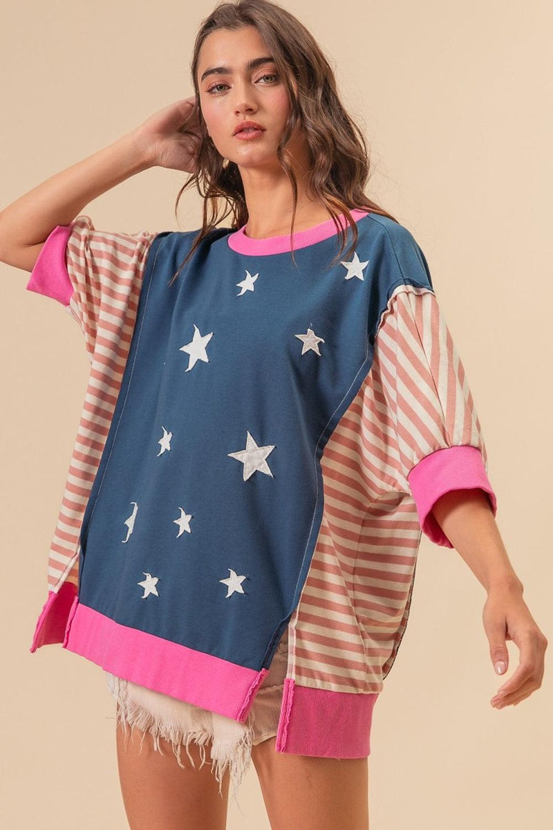 BiBi US Flag Theme Color Block Star Patch T-Shirt - Brittney MADE