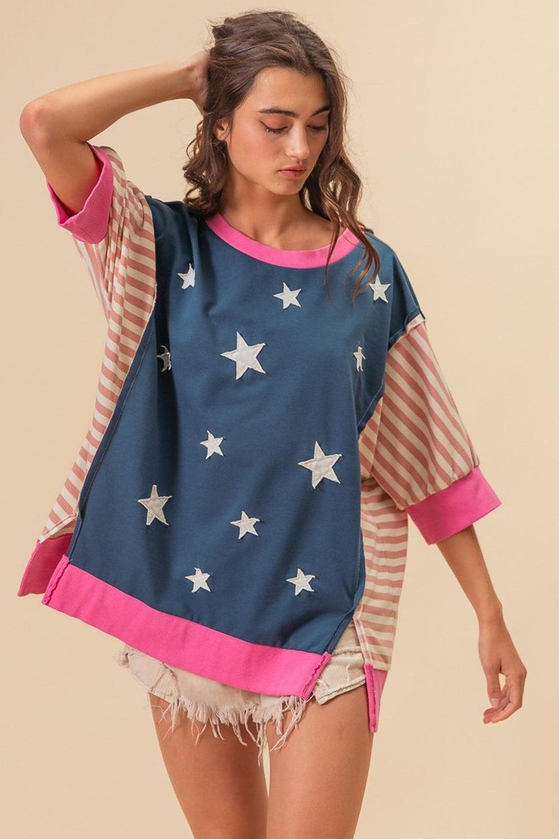 BiBi US Flag Theme Color Block Star Patch T-Shirt - Brittney MADE