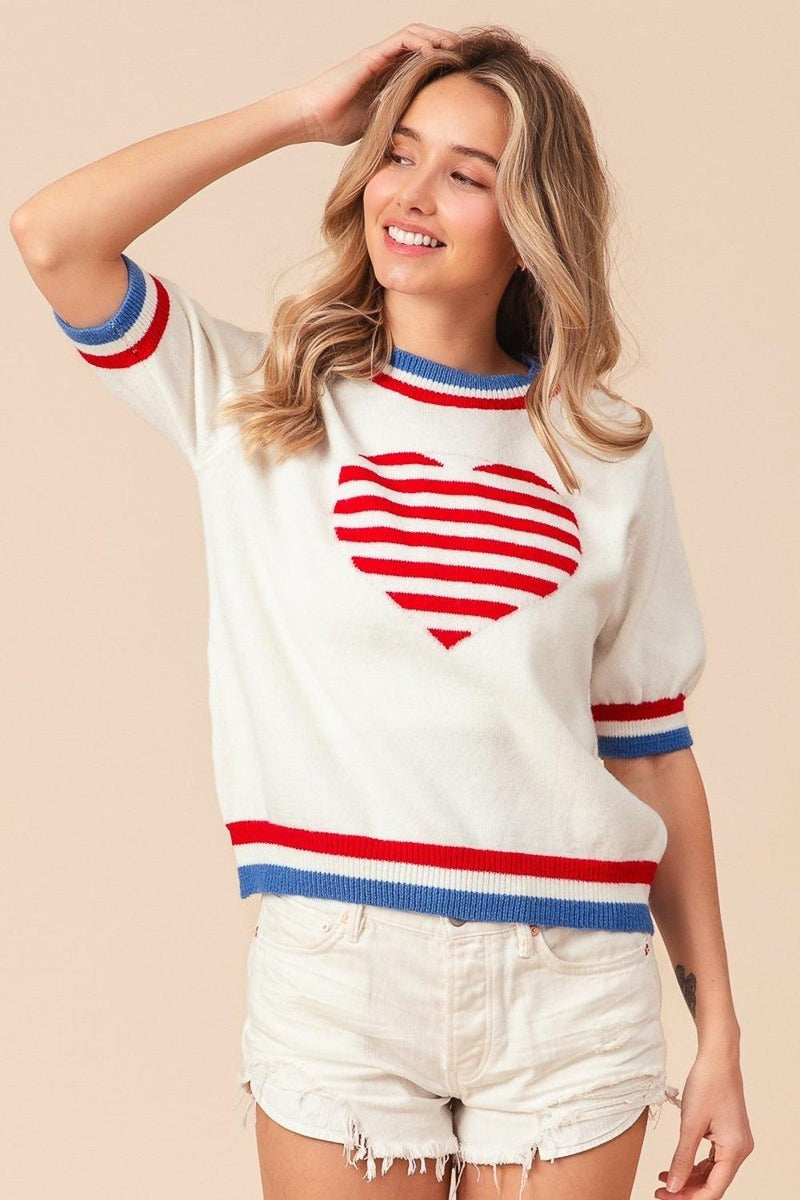 BiBi US Flag Theme Striped Heart Sweater - Brittney MADE