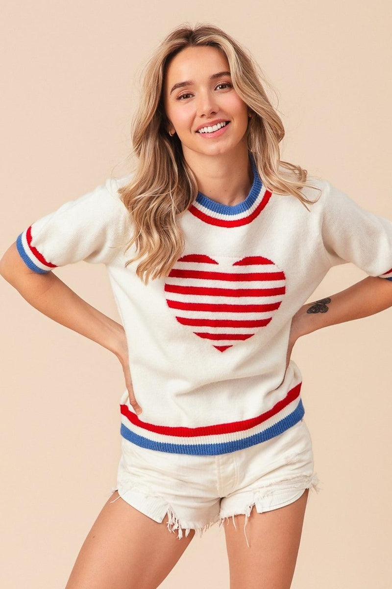BiBi US Flag Theme Striped Heart Sweater - Brittney MADE