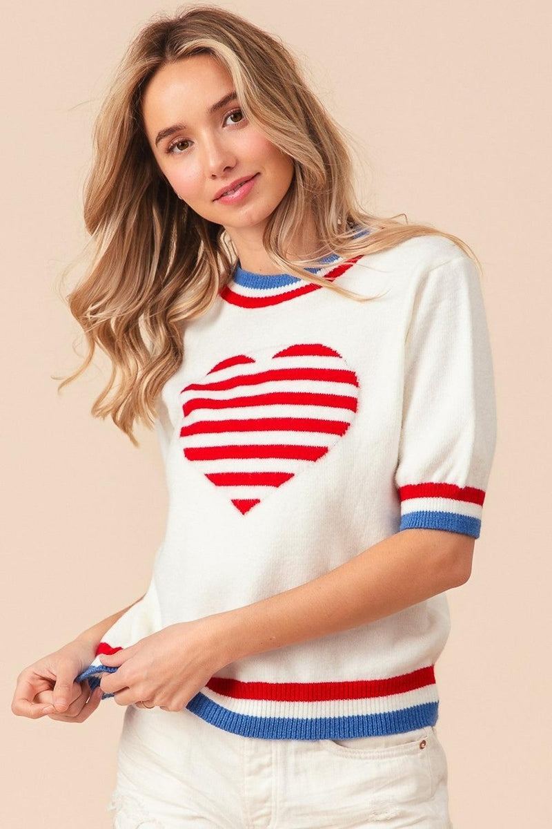BiBi US Flag Theme Striped Heart Sweater - Brittney MADE