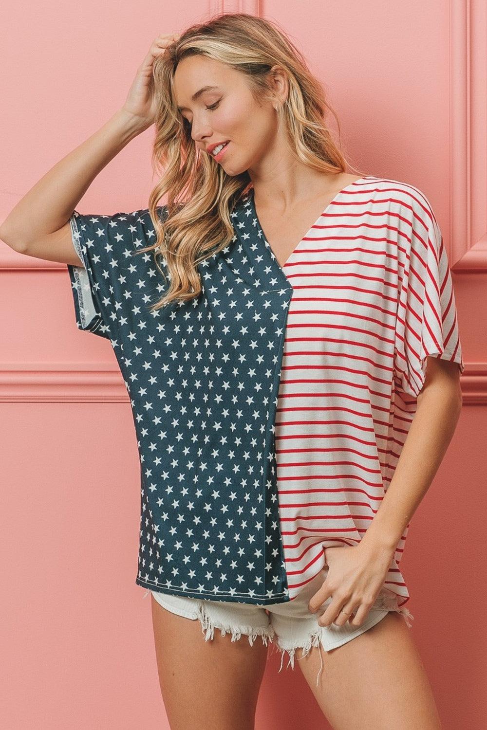 BiBi US Flag Themed Color Block Short Sleeve T-Shirt - Brittney MADE