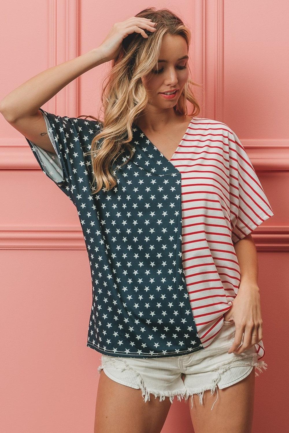 BiBi US Flag Themed Color Block Short Sleeve T-Shirt - Brittney MADE