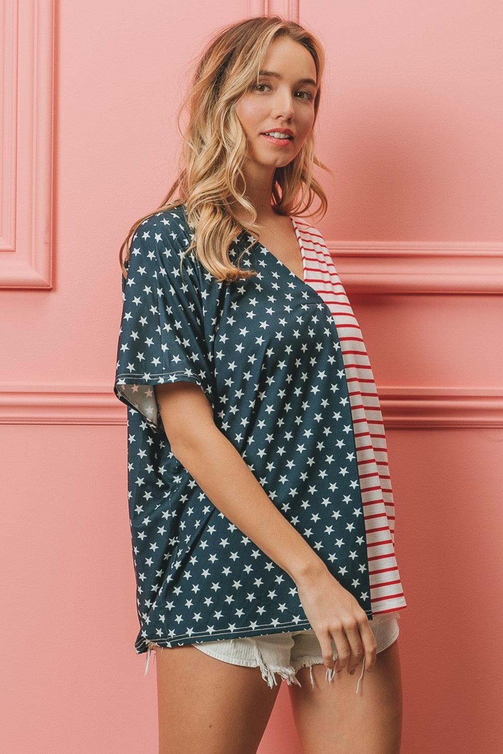 BiBi US Flag Themed Color Block Short Sleeve T-Shirt - Brittney MADE