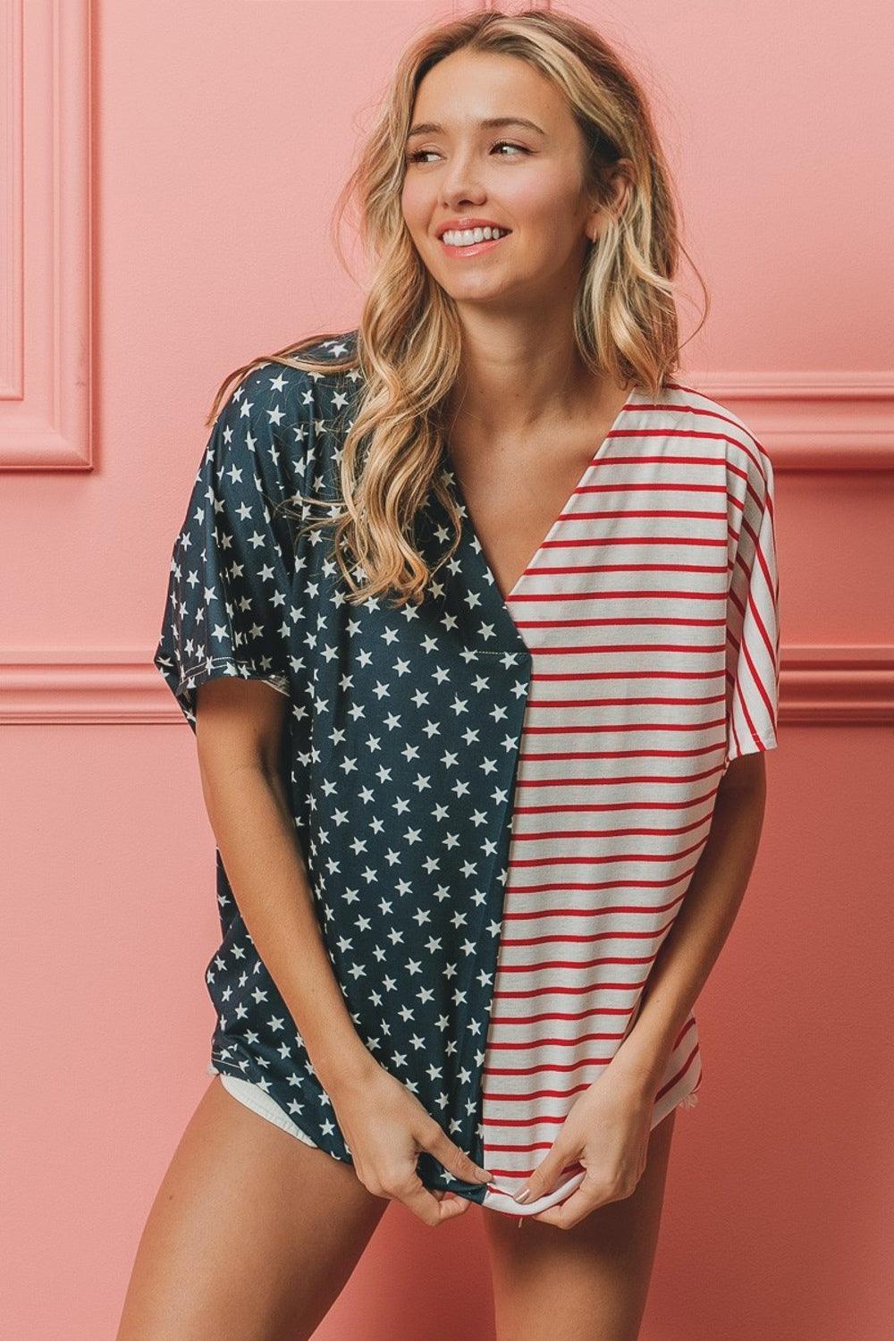BiBi US Flag Themed Color Block Short Sleeve T-Shirt - Brittney MADE