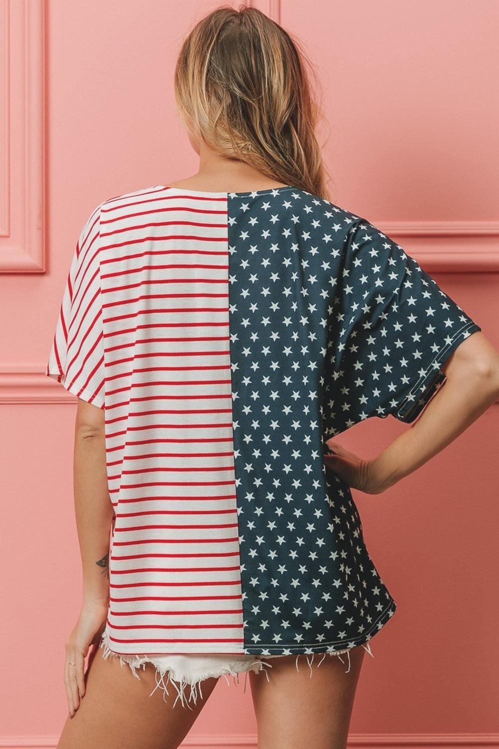 BiBi US Flag Themed Color Block Short Sleeve T-Shirt - Brittney MADE