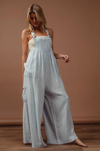 BiBi Vintage Washed Crinkle Gauze Wide Leg Overalls - Brittney MADE