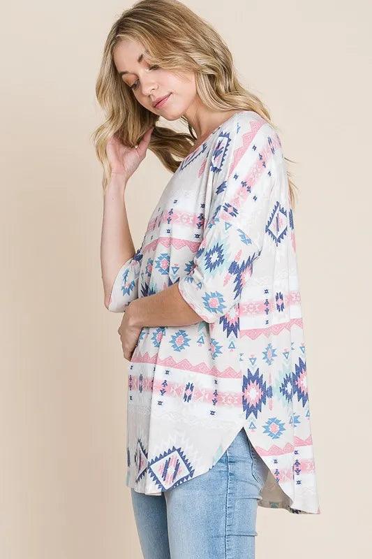 BOMBOM Aztec Printed Half Sleeve Loose Fit T-Shirt - Brittney MADE