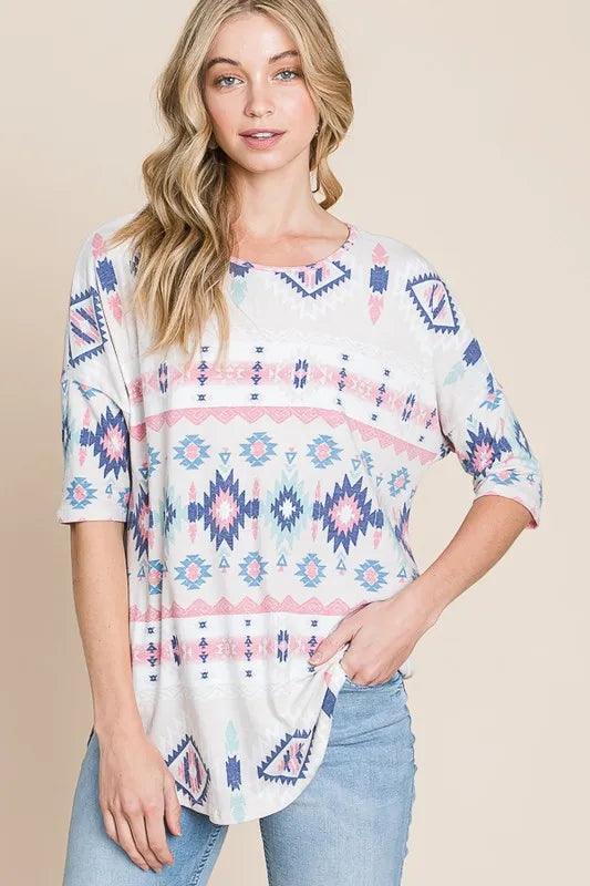 BOMBOM Aztec Printed Half Sleeve Loose Fit T-Shirt - Brittney MADE