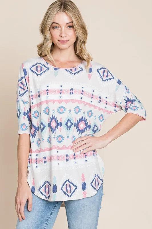 BOMBOM Aztec Printed Half Sleeve Loose Fit T-Shirt - Brittney MADE