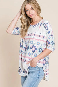 BOMBOM Aztec Printed Half Sleeve Loose Fit T-Shirt - Brittney MADE