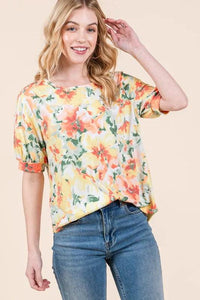 BOMBOM Floral Round Neck Puff Sleeve Top - Brittney MADE