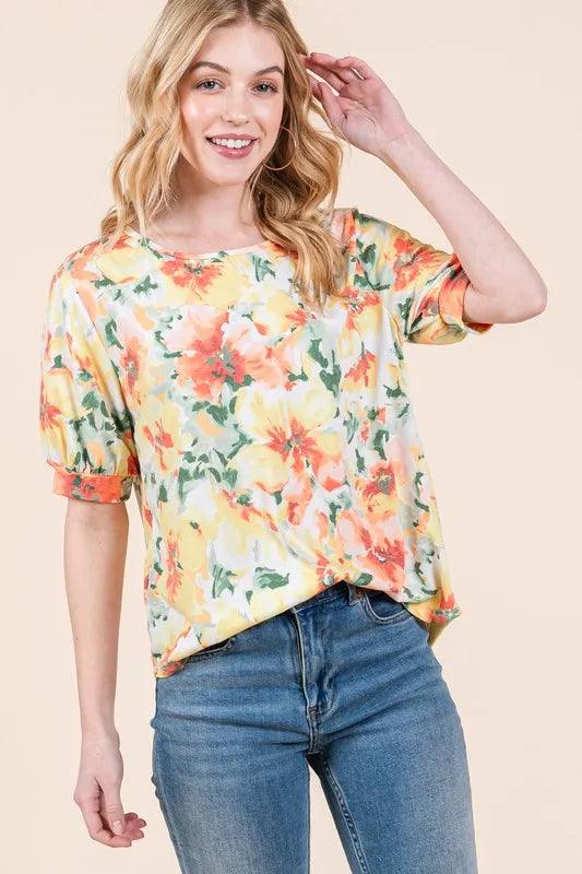 BOMBOM Floral Round Neck Puff Sleeve Top - Brittney MADE