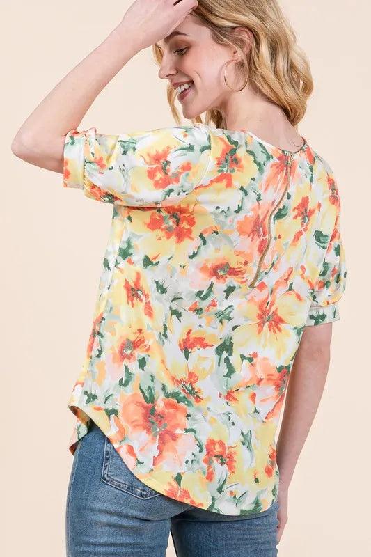 BOMBOM Floral Round Neck Puff Sleeve Top - Brittney MADE
