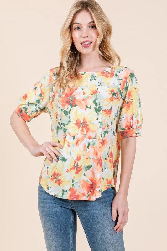 BOMBOM Floral Round Neck Puff Sleeve Top - Brittney MADE