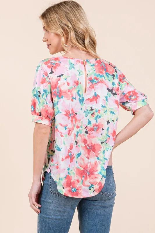 BOMBOM Floral Round Neck Puff Sleeve Top - Brittney MADE