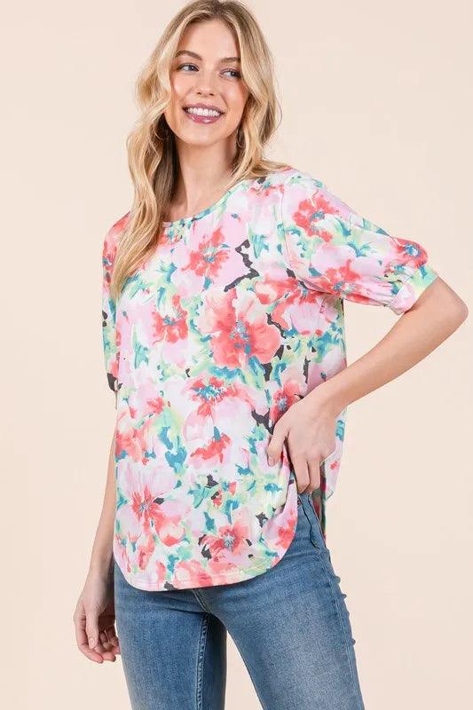 BOMBOM Floral Round Neck Puff Sleeve Top - Brittney MADE