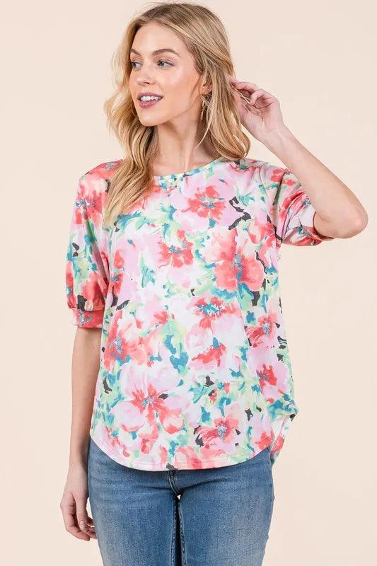 BOMBOM Floral Round Neck Puff Sleeve Top - Brittney MADE