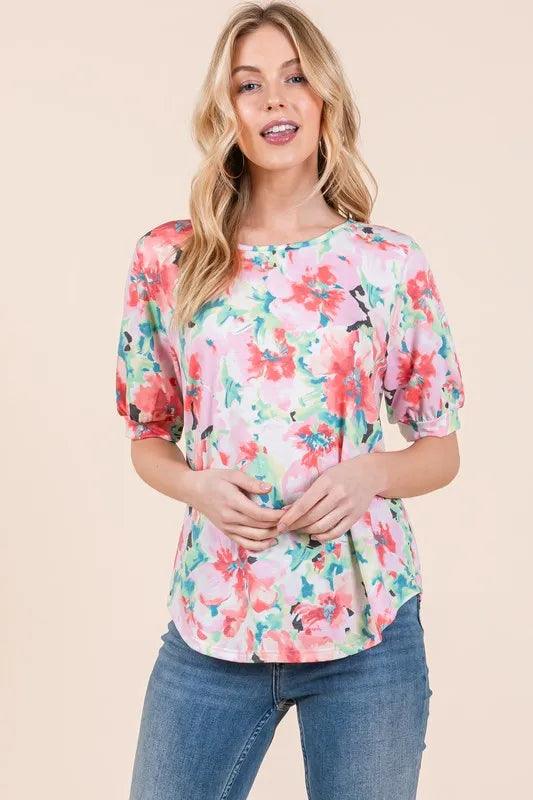 BOMBOM Floral Round Neck Puff Sleeve Top - Brittney MADE