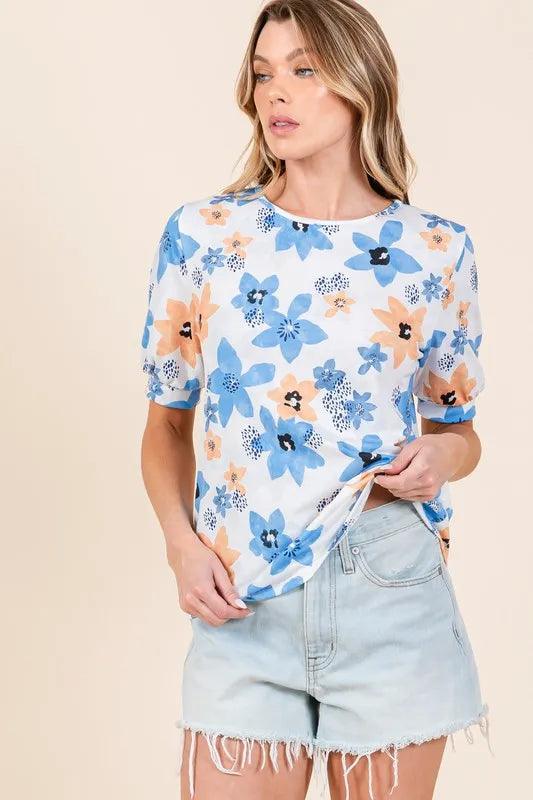 BOMBOM Floral Round Neck Short Sleeve T-Shirt - Brittney MADE