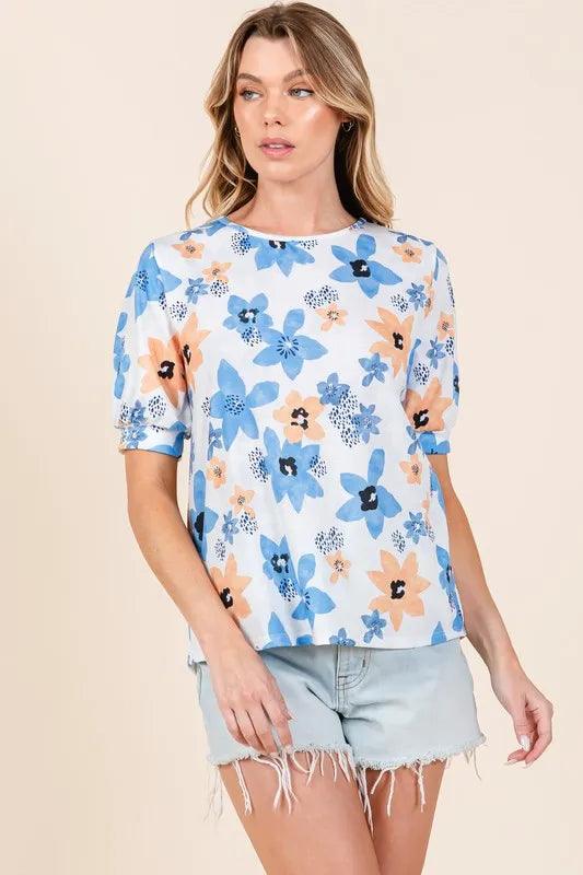 BOMBOM Floral Round Neck Short Sleeve T-Shirt - Brittney MADE