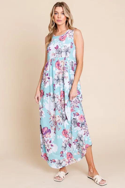 BOMBOM Floral Round Neck Sleeveless Maxi Dress with Pockets - Brittney MADE