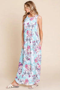 BOMBOM Floral Round Neck Sleeveless Maxi Dress with Pockets - Brittney MADE