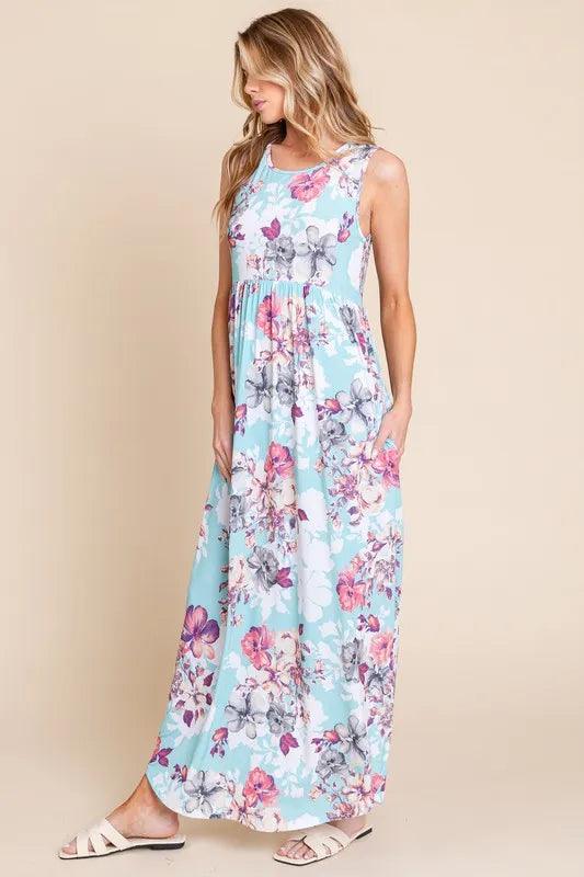 BOMBOM Floral Round Neck Sleeveless Maxi Dress with Pockets - Brittney MADE