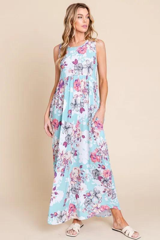 BOMBOM Floral Round Neck Sleeveless Maxi Dress with Pockets - Brittney MADE