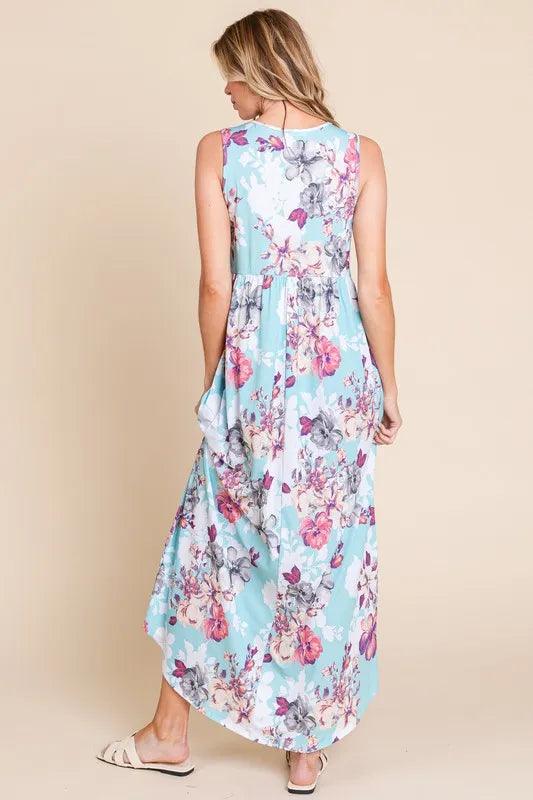 BOMBOM Floral Round Neck Sleeveless Maxi Dress with Pockets - Brittney MADE