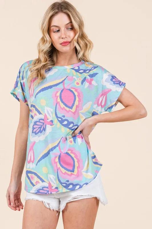 BOMBOM Lightweight Printed Round Neck Short Sleeve T-Shirt - Brittney MADE