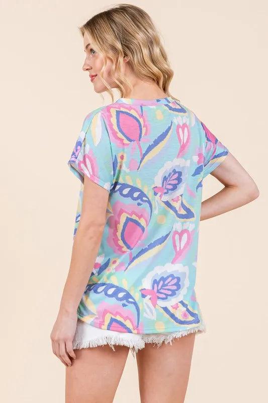 BOMBOM Lightweight Printed Round Neck Short Sleeve T-Shirt - Brittney MADE
