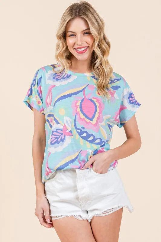 BOMBOM Lightweight Printed Round Neck Short Sleeve T-Shirt - Brittney MADE