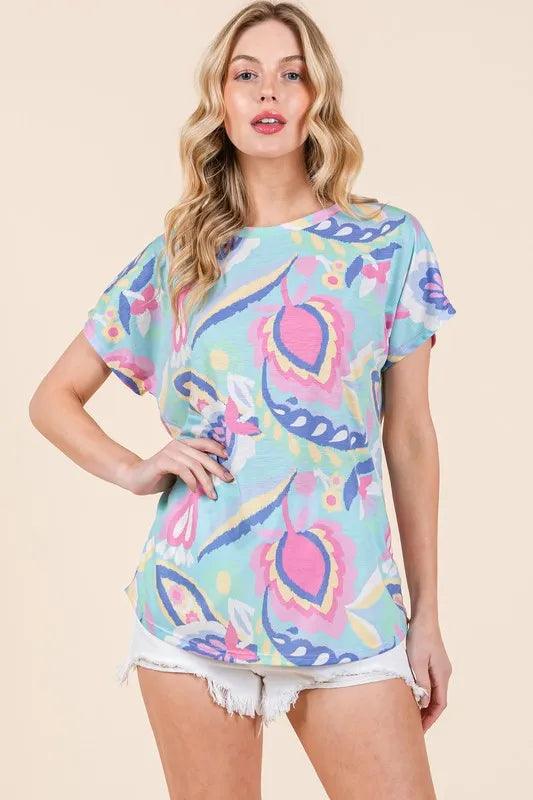 BOMBOM Lightweight Printed Round Neck Short Sleeve T-Shirt - Brittney MADE