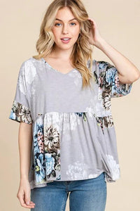 BOMBOM Peplum Floral V-Neck Half Sleeve Blouse - Brittney MADE